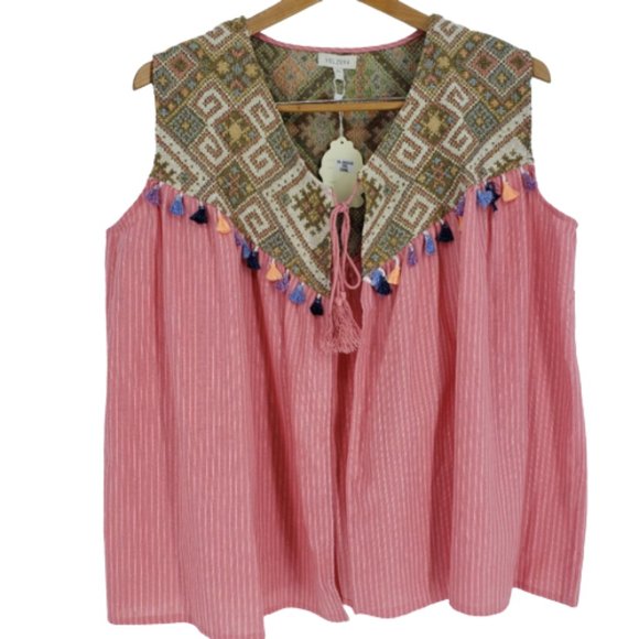 Coral Geo-Yoke Sleeveless Tie-Front Open Vest 2XL - Picture 2 of 8